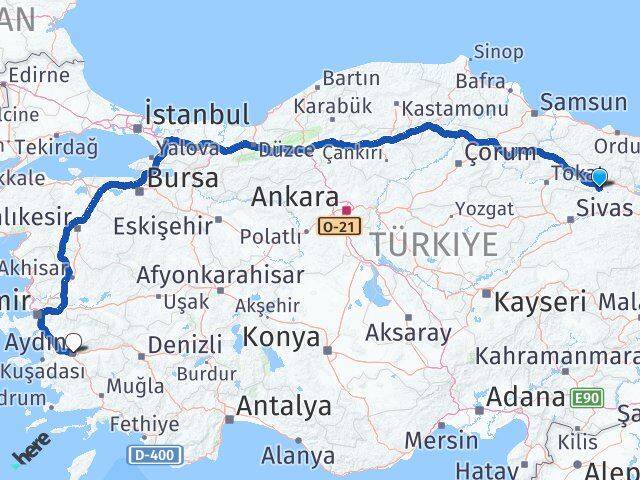 Sivas Doğanşar Aydın Arası Kaç Km - Yol Haritası