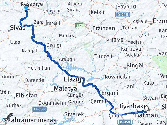 Sivas Doğanşar Batman Arası Kaç Km - Yol Haritası