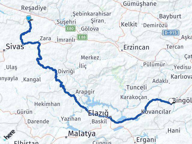 Sivas Doğanşar Bingöl Arası Kaç Km - Yol Haritası