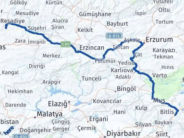 Sivas Doğanşar Bitlis Arası Kaç Km - Yol Haritası