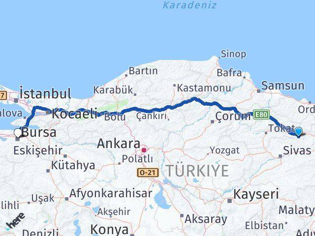 Sivas Doğanşar Bursa Arası Kaç Km - Yol Haritası