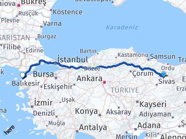 Sivas Doğanşar Çanakkale Arası Kaç Km - Yol Haritası