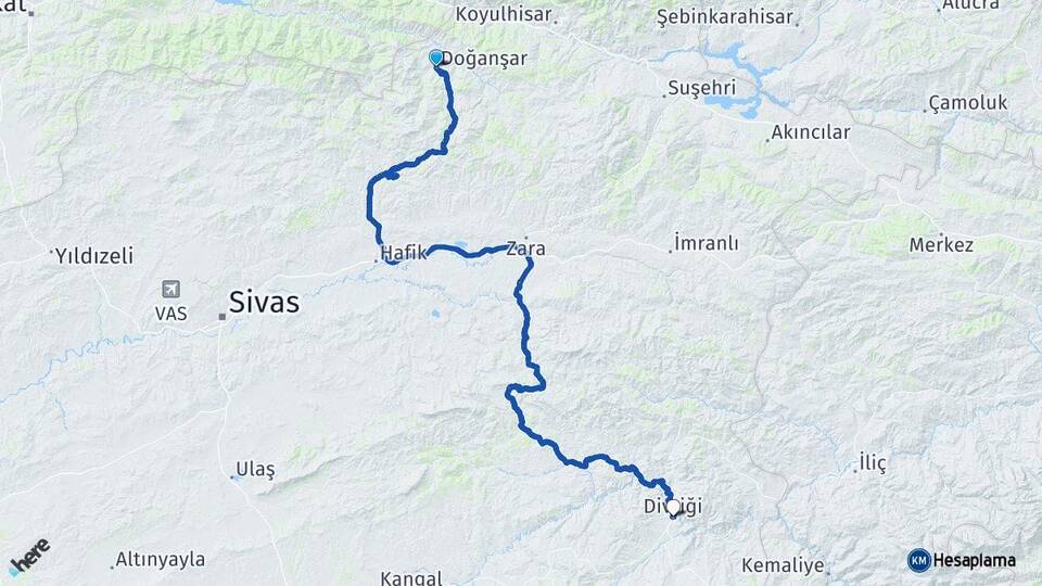 Sivas Doğanşar Divriği Arası Kaç Km - Yol Haritası