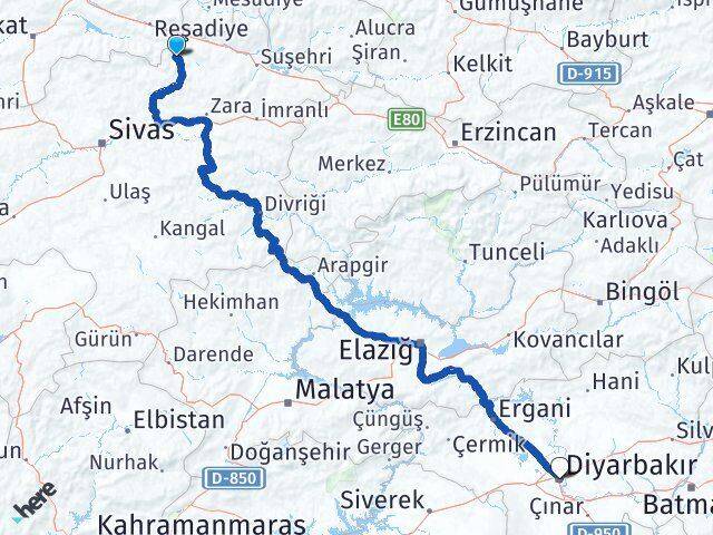Sivas Doğanşar Diyarbakır Arası Kaç Km - Yol Haritası
