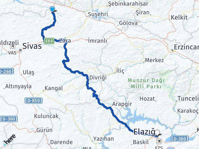 Sivas Doğanşar Elazığ Arası Kaç Km - Yol Haritası