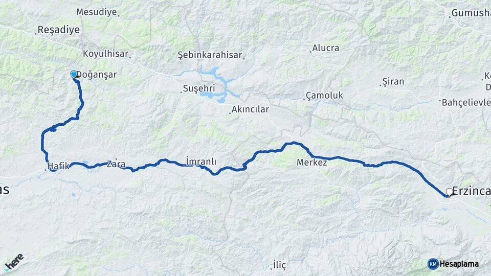 Sivas Doğanşar Erzincan Arası Kaç Km - Yol Haritası