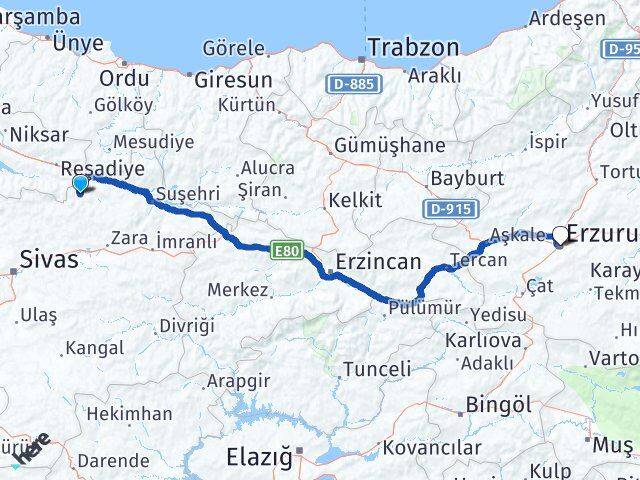 Sivas Doğanşar Erzurum Arası Kaç Km - Yol Haritası