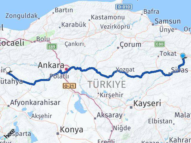 Sivas Doğanşar Eskişehir Arası Kaç Km - Yol Haritası