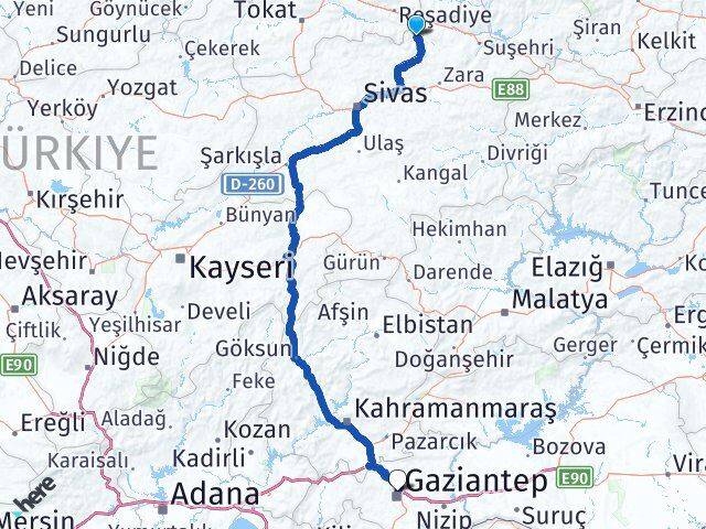 Sivas Doğanşar Gaziantep Arası Kaç Km - Yol Haritası