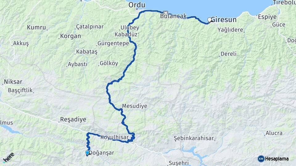 Sivas Doğanşar Giresun Arası Kaç Km - Yol Haritası