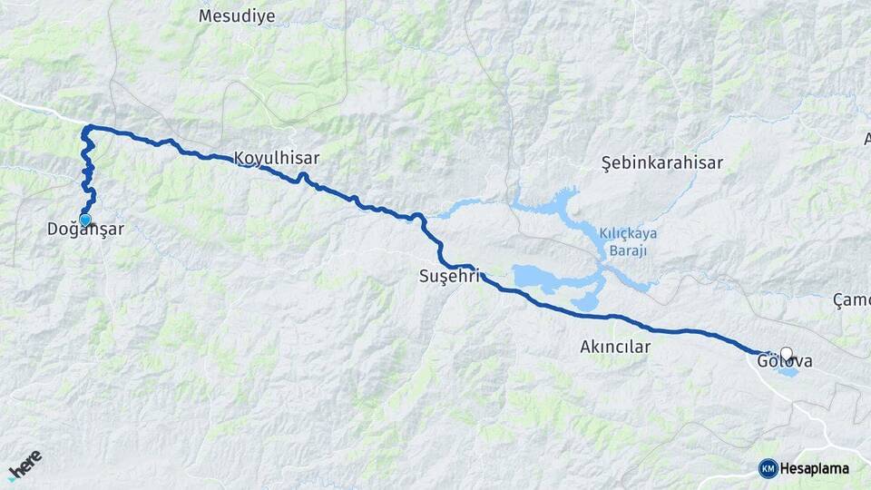 Sivas Doğanşar Gölova Arası Kaç Km - Yol Haritası