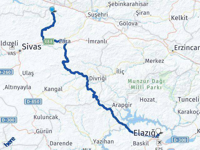 Sivas Doğanşar Harput Elazığ Arası Kaç Km - Yol Haritası