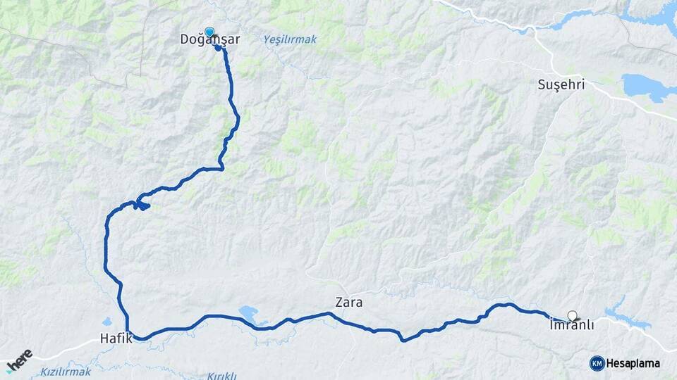 Sivas Doğanşar İmranlı Arası Kaç Km - Yol Haritası