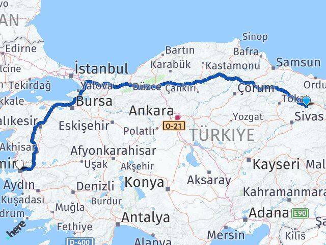 Sivas Doğanşar İzmir Arası Kaç Km - Yol Haritası