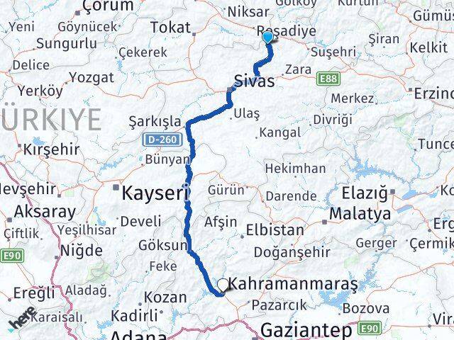 Sivas Doğanşar Kahramanmaraş Arası Kaç Km - Yol Haritası