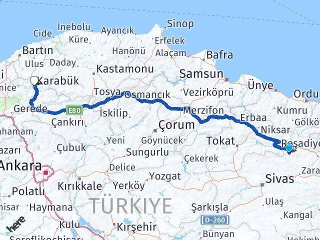 Sivas Doğanşar Karabük Arası Kaç Km - Yol Haritası