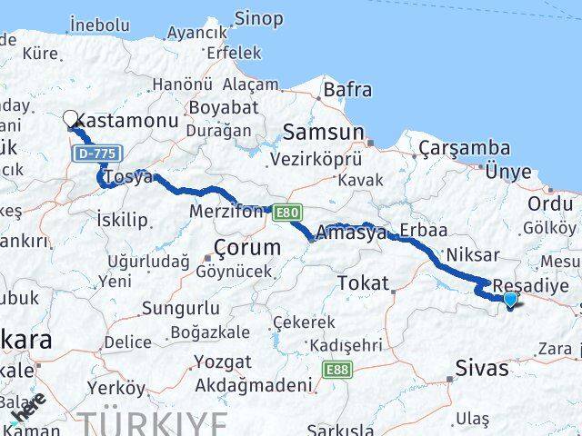 Sivas Doğanşar Kastamonu Arası Kaç Km - Yol Haritası