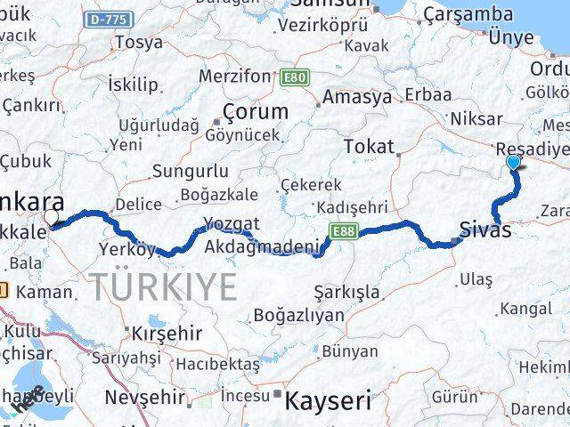 Sivas Doğanşar Kırıkkale Arası Kaç Km - Yol Haritası