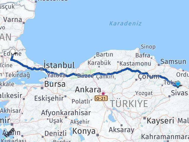 Sivas Doğanşar Kırklareli Arası Kaç Km - Yol Haritası
