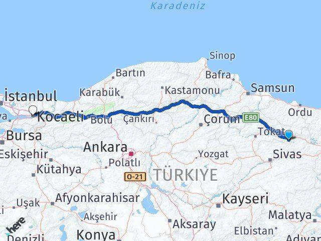 Sivas Doğanşar Kocaeli Arası Kaç Km - Yol Haritası