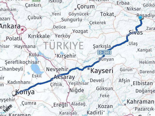 Sivas Doğanşar Konya Arası Kaç Km - Yol Haritası