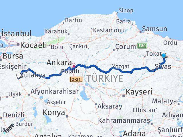Sivas Doğanşar Kütahya Arası Kaç Km - Yol Haritası