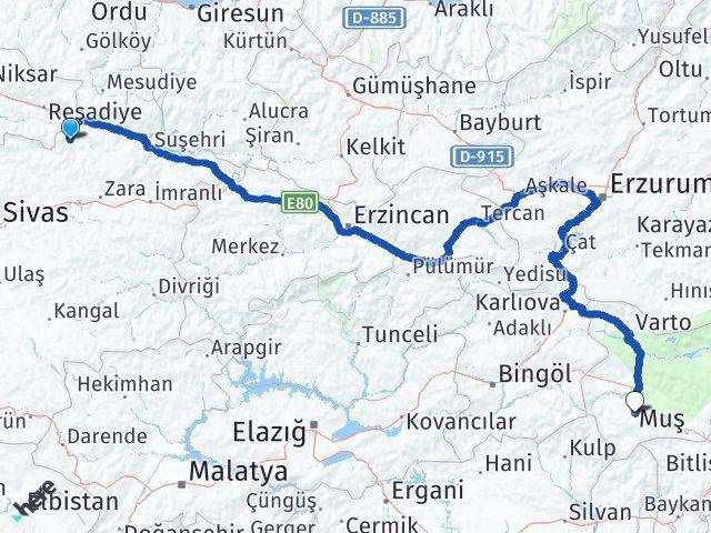 Sivas Doğanşar Muş Arası Kaç Km - Yol Haritası