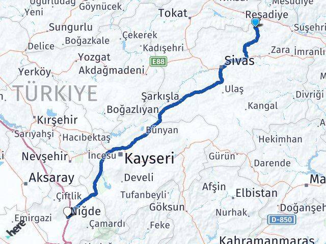 Sivas Doğanşar Niğde Arası Kaç Km - Yol Haritası