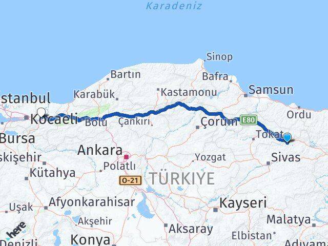 Sivas Doğanşar Sakarya Arası Kaç Km - Yol Haritası