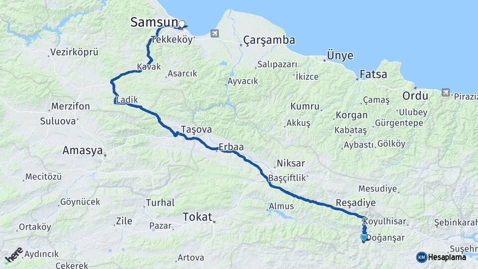 Sivas Doğanşar Samsun Arası Kaç Km - Yol Haritası