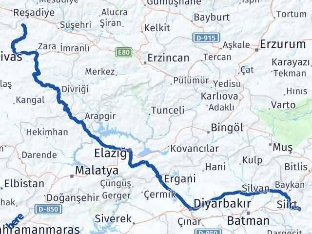 Sivas Doğanşar Siirt Arası Kaç Km - Yol Haritası