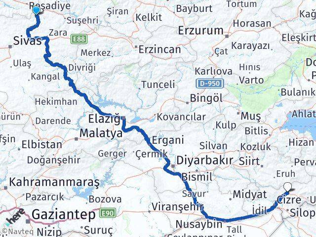 Sivas Doğanşar Şırnak Arası Kaç Km - Yol Haritası