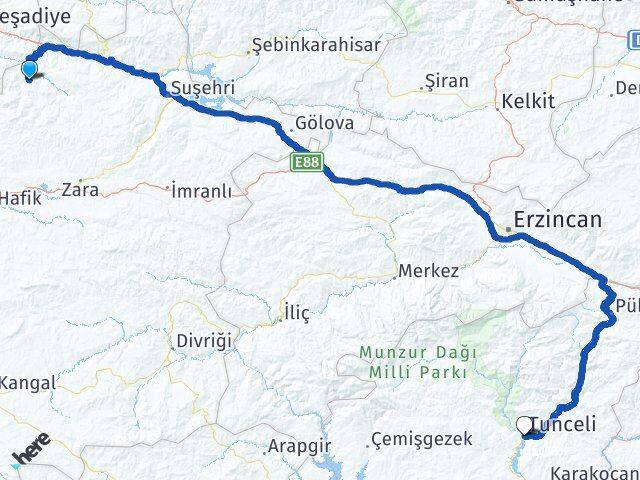 Sivas Doğanşar Tunceli Arası Kaç Km - Yol Haritası