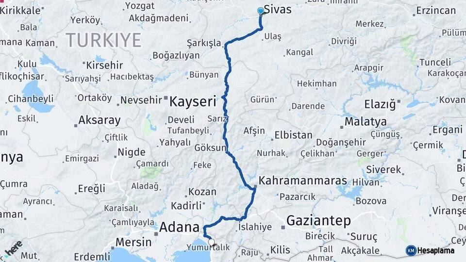 Sivas Dörtyol Hatay Arası Kaç Km - Yol Haritası