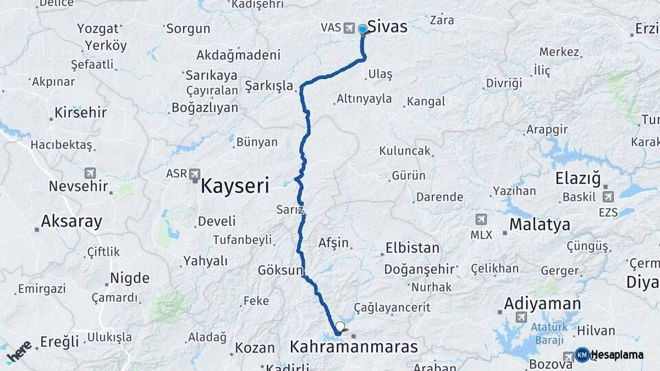 Sivas Dulkadiroğlu Kahramanmaraş Arası Kaç Km - Yol Haritası