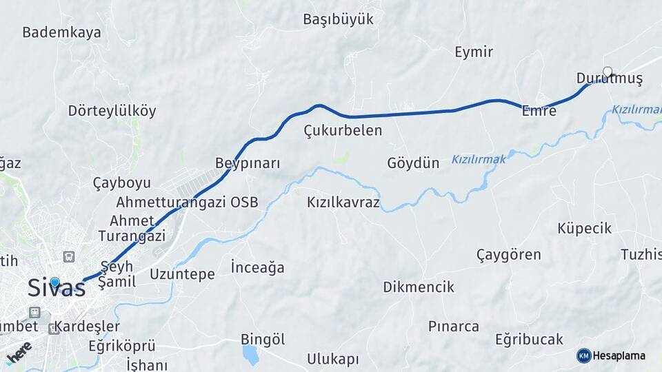 Sivas Durulmuş Hafik Arası Kaç Km - Yol Haritası