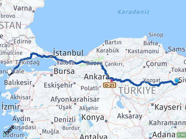 Sivas Eceabat Çanakkale Arası Kaç Km - Yol Haritası