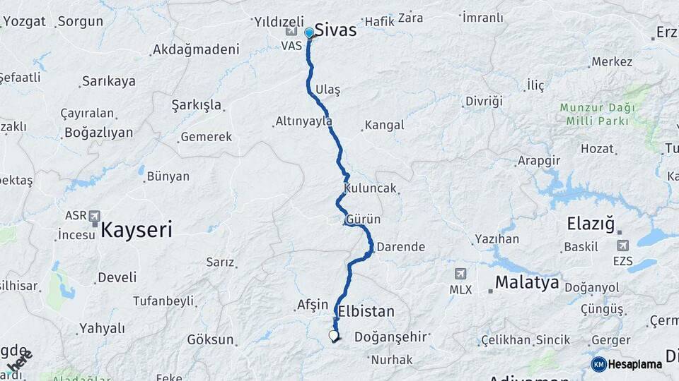 Sivas Ekinözü Kahramanmaraş Arası Kaç Km - Yol Haritası