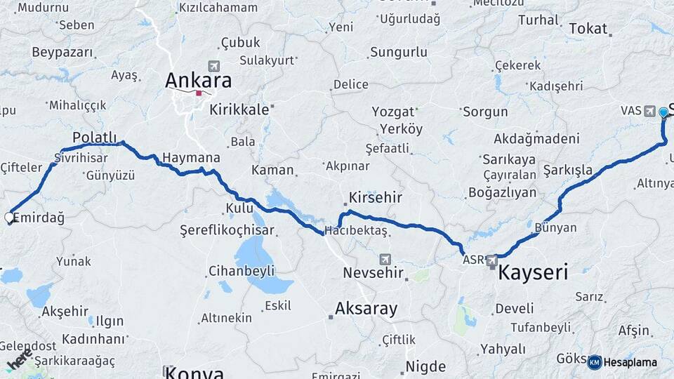 Sivas Emirdağ Afyonkarahisar Arası Kaç Km - Yol Haritası