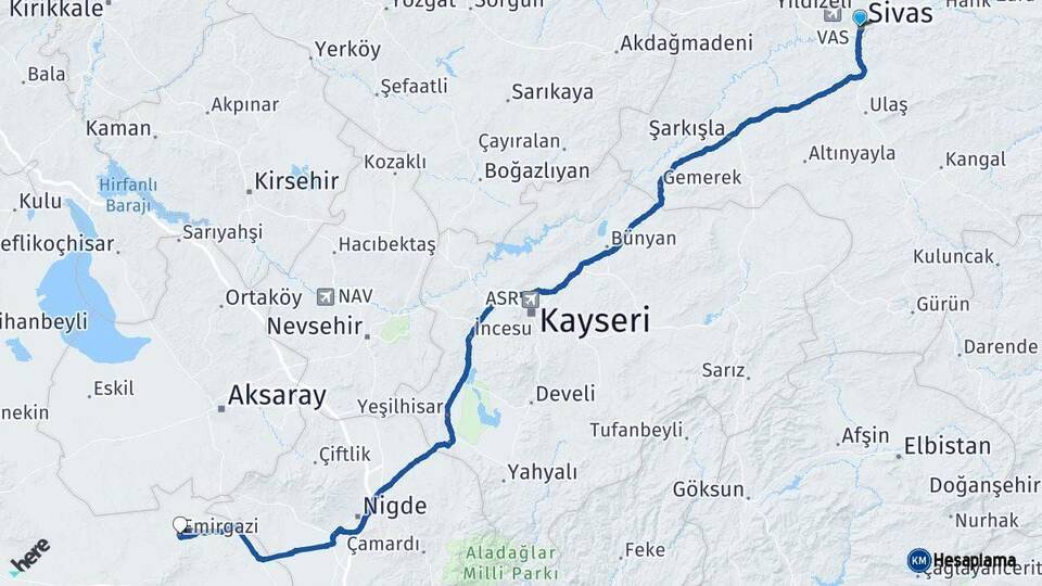Sivas Emirgazi Konya Arası Kaç Km - Yol Haritası