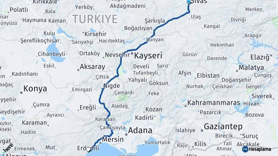 Sivas Erdemli Mersin Arası Kaç Km - Yol Haritası