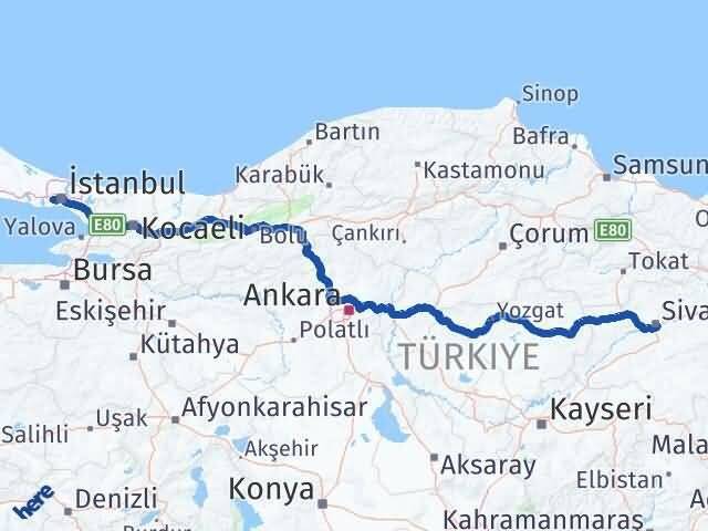 Sivas Esenler İstanbul Arası Kaç Km - Yol Haritası