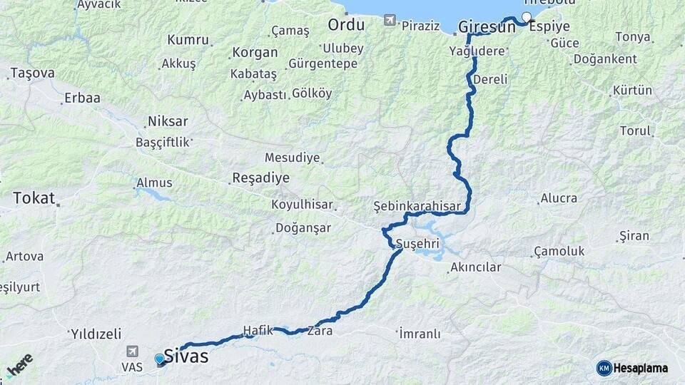 Sivas Espiye Giresun Arası Kaç Km - Yol Haritası