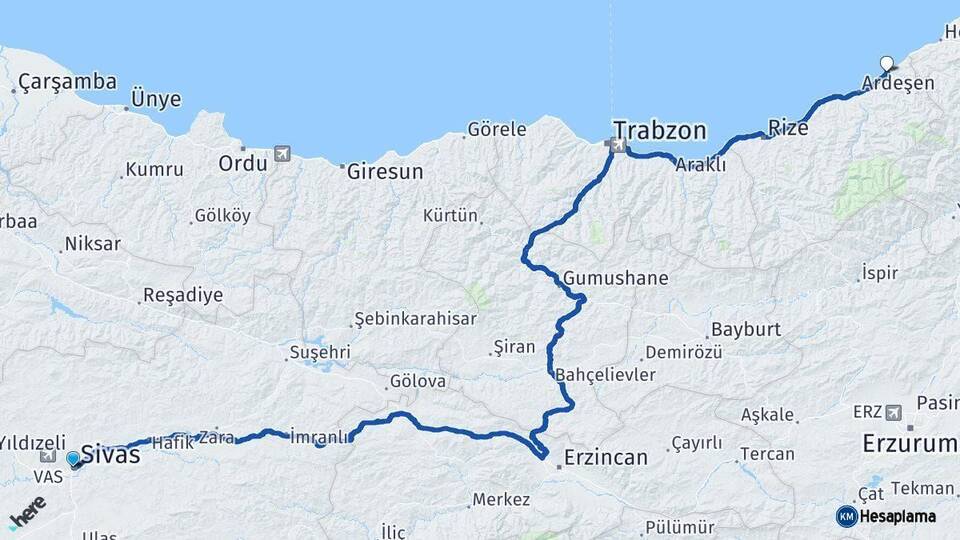 Sivas Fındıklı Rize Arası Kaç Km - Yol Haritası