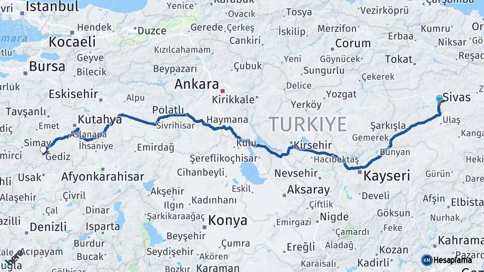 Sivas Gediz Kütahya Arası Kaç Km - Yol Haritası