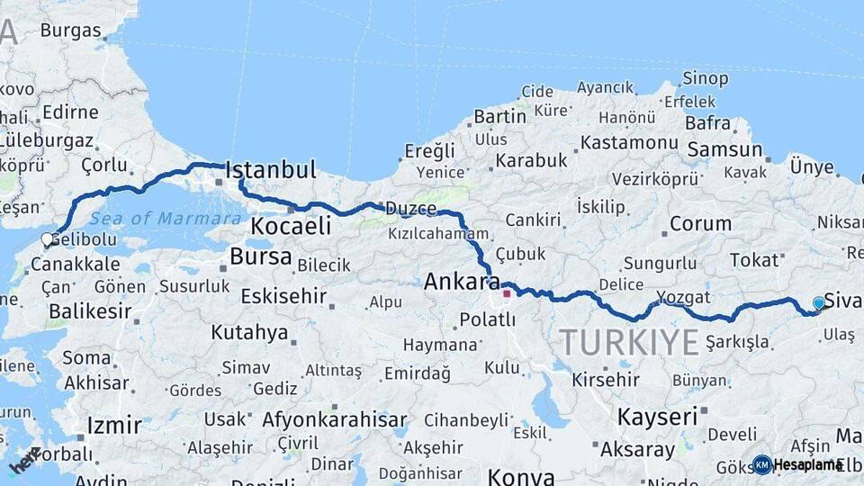 Sivas Gelibolu Çanakkale Arası Kaç Km - Yol Haritası