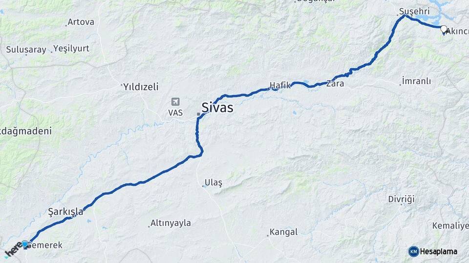 Sivas Gemerek Akıncılar Arası Kaç Km - Yol Haritası
