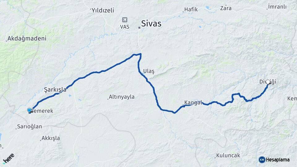 Sivas Gemerek Divriği Arası Kaç Km - Yol Haritası