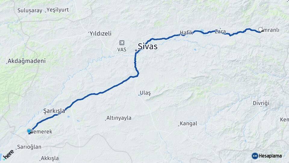 Sivas Gemerek İmranlı Arası Kaç Km - Yol Haritası