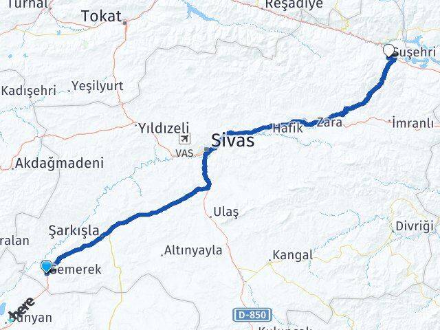 Sivas Gemerek Suşehri Arası Kaç Km - Yol Haritası
